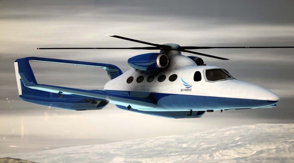 Artist's illustration of the VertiJet to be developed by Skyworks Global and Scaled Composites. Notice the small tip-jets at the end of the rotor blades.
