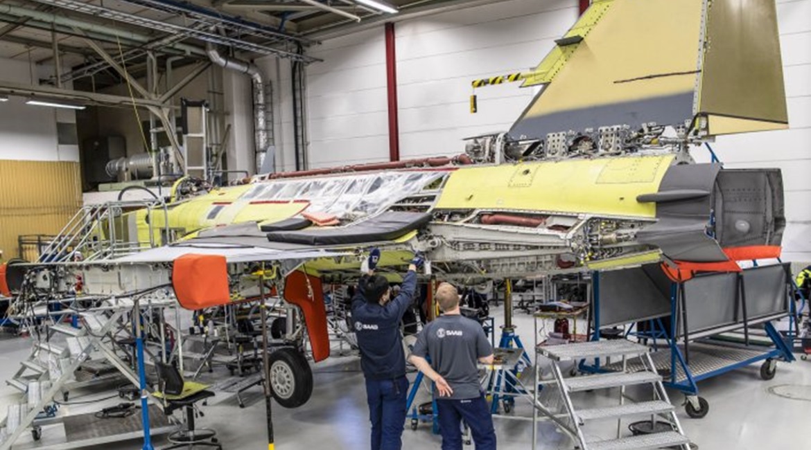 A Brazilian Gripen E in final assembly.
