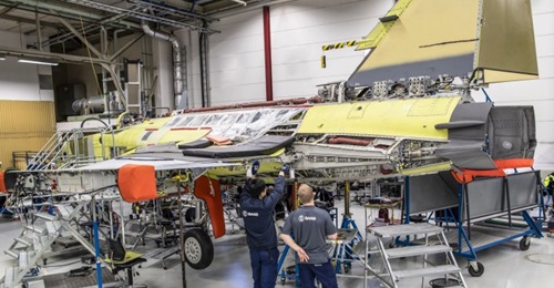 A Brazilian Gripen E in final assembly.