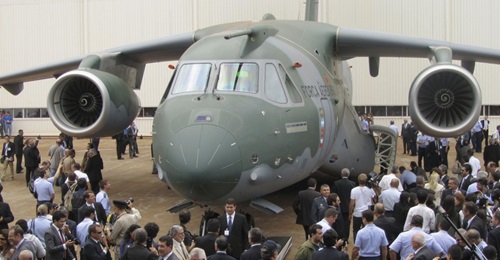 The KC-390 has attracted strong international interest. With Portugal's order for five aircraft, the aircraft now has its first export customer. Pictured at the type's rollout in November 2014.