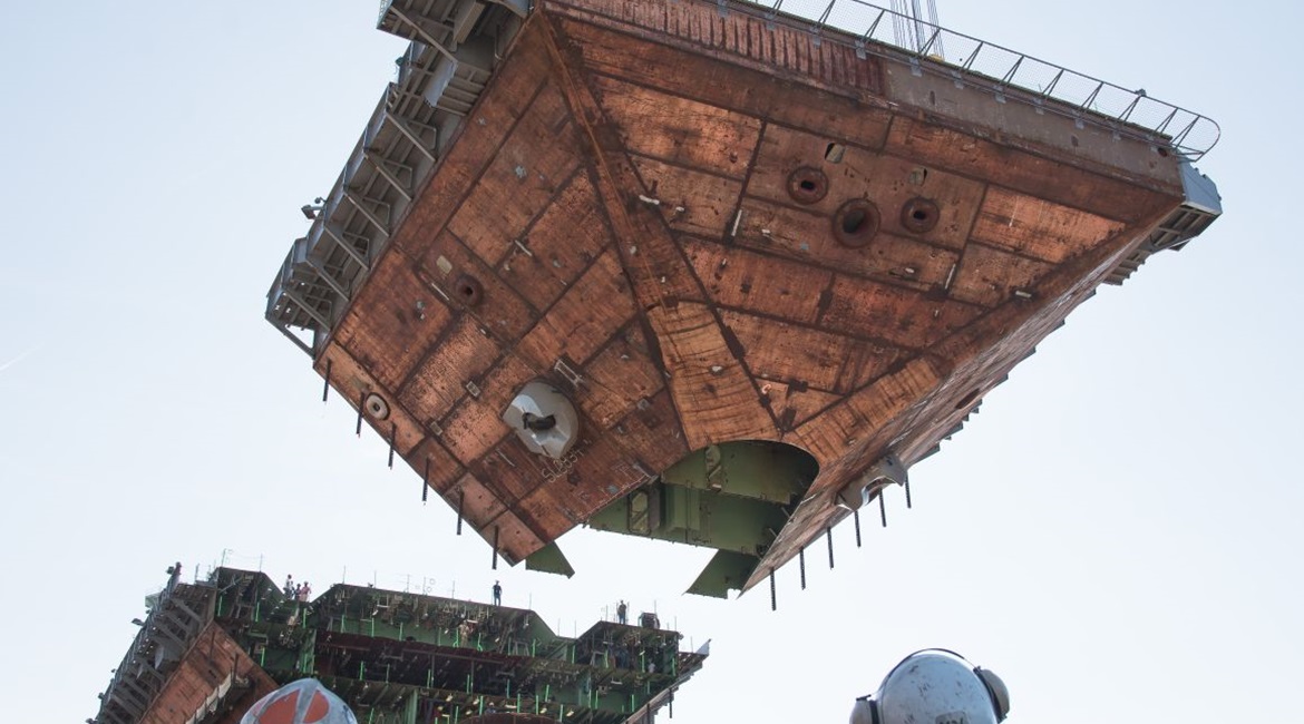 Newport News Shipbuilding completed the aircraft carrier 
        
         primary hull with an upper bow superlift.