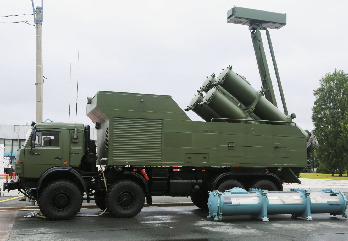 The Typhoon JSC Research and Production Enterprise Rubezh-ME mobile anti-ship missile system is shown here with a canistered Kh-35UE round in the foreground. (N Novichkov)