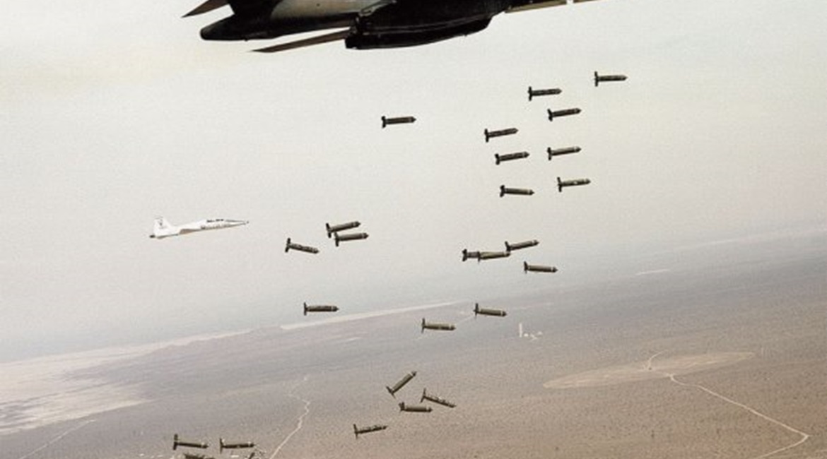 A B-1B bomber dropping cluster munitions during tests. The USAF is replacing this class of weapon that spreads live bomblets across a large area with a family of next-generation bombs that use fragmentation to achieve the same effect.