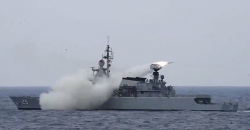 Screengrab from a video released by the Royal Malaysian Navy, showing KD Kasturi launching the MM40 Exocet anti-ship missile.