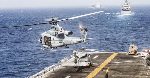 USS 
        
         is seen transiting the Strait of Hormuz with the LMADIS counter-UAV system deployed on its deck. USS 
        
        , another member of the 
        
         Amphibious Ready Group, and expeditionary sea base ship US...