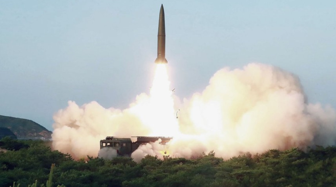 One of the short-range ballistic missiles that North Korea launched in 25 July in a “solemn warning [to] South Korean military warmongers”.