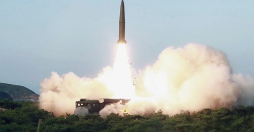 One of the short-range ballistic missiles that North Korea launched in 25 July in a “solemn warning [to] South Korean military warmongers”.