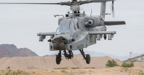 An IAF Apache Guardian attack helicopter conducting flight manoeuvres at the Boeing production facility in Mesa, Arizona. The first four Apache Guardians for the IAF arrived in India on 27 July.