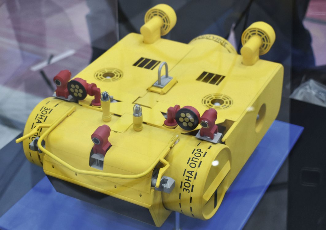 A scale model of the Alexandrite-ISPUM-E MCM system’s unmanned underwater vehicle.  (Dmitry Fediushko)