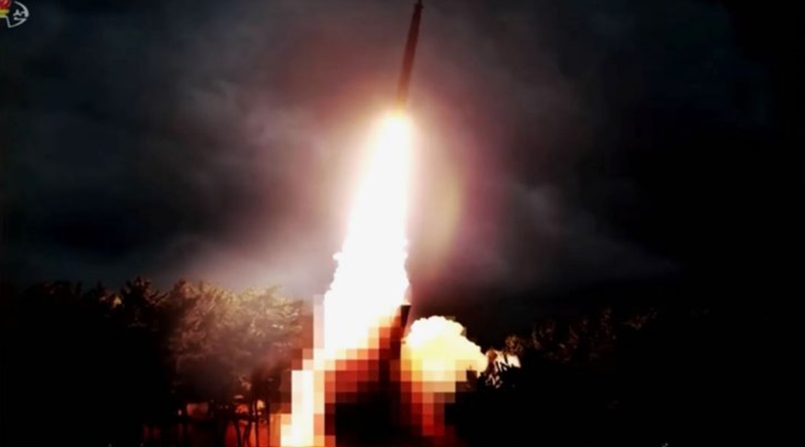A screengrab from a video aired by KCTV on 1 August showing a pixelated image of what Pyongyang described as a new North Korean “large-calibre multiple launch rocket system” that was reportedly tested on 31 July.