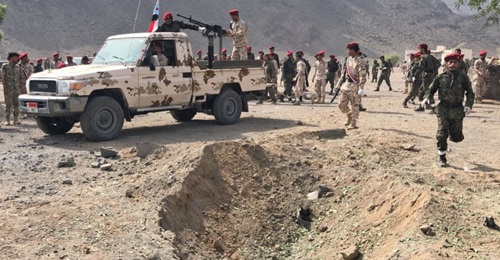 A crater that was more likely caused by a ballistic missile than a Qasef-2K is seen in the aftermath of the 1 August attack on Camp Jalala in the Little Aden area west of Aden port.