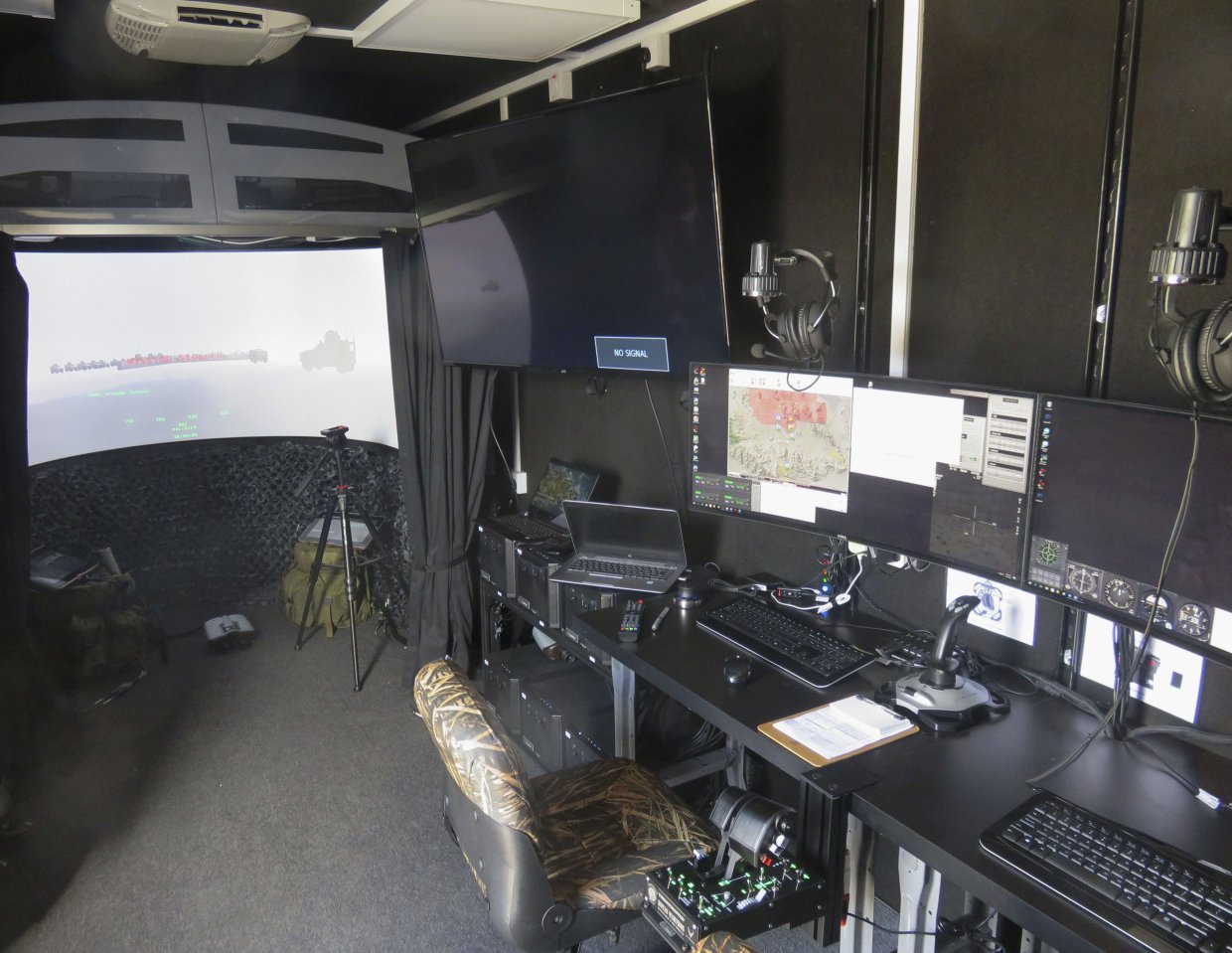 The interior of the Joint Fires Mobile Trainer, delivered by the same Elbit Systems UK/QuantaDyn partnership that was awarded a contract to deliver the UK’s Joint Fires Synthetic Trainer programme. (Giles Ebbutt)