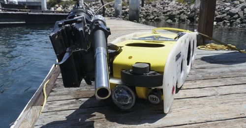 Saab's Sea Wasp ROV is seen fitted with the Carbon Fire disruptor on its manipulator arm during Exercise 'Coastal Trident' in 2016. The vehicle's manipulator arm can carry lethal and non-lethal effectors.