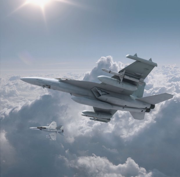 An artist’s impression of EA-18G Growler aircraft equipped with Next Generation Jammer pods. (Raytheon)
