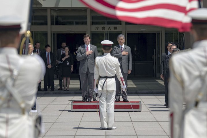 US Defense Secretary Mark Esper stands with Japanese Defense Minister Takeshi Iwaya in Tokyo on 7 August. (US Department of Defense)