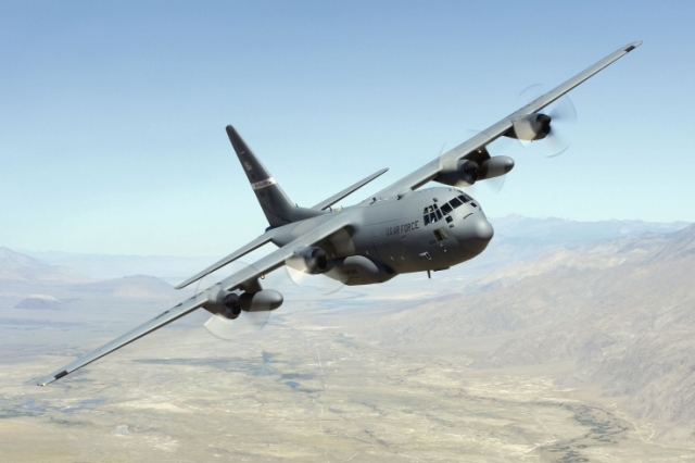 The US Air Force is focusing on inspections of C-130H (pictured) and J-model aircraft after cracks in the rainbow fitting forced the service to ground 27% of its fleet. (IHS Markit/Jamie Hunter)