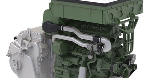 The complete Tumosan ALP Lightweight Tracked Vehicle Powerpack showing the radiator on top, diesel engine below, and automatic transmission on the left.