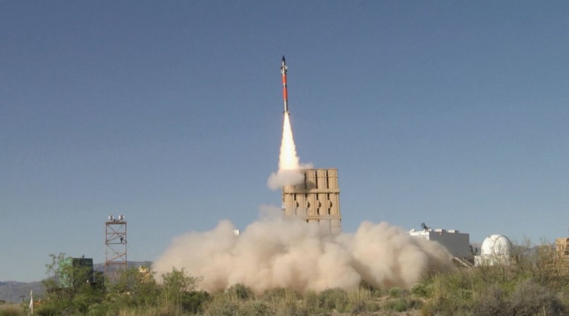 An Iron Dome Tamir missile shown launching from the US Army's new air-defence platform, the IFPC 2-Intercept multimission launcher. The USMC is set to demo its G/ATOR with components of Rafael's Iron Dome system.