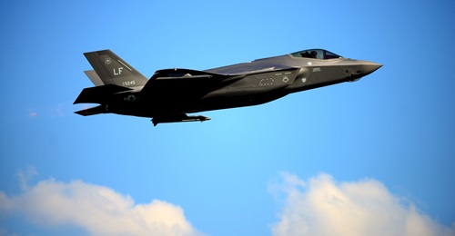 An F-35A Lightning II taking off on the first day of Exercise 'Astral Knight 2019' at Aviano Air Base, Italy, on 3 June 2019.