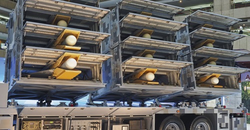 The Chien Hsiang loitering munition's mobile launcher seen at TADTE 2019, carrying 12 canisters of ready-to-fire weapons. This arrangement enables the system to be swiftly deployed where it is most needed, as well as increase its survivability in defen...