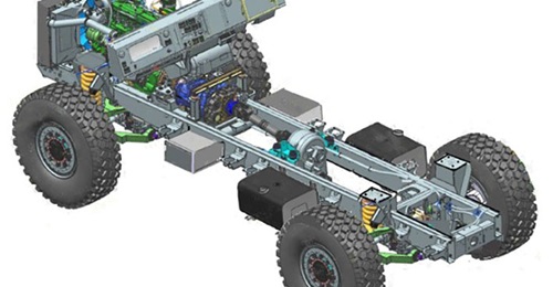The new Texelis TXP 4×4 platforms are being marketed for armoured vehicles with a gross vehicle weight of between 14 and 18 tonnes. Shown is the TXP 14 with a front-mounted powerpack.