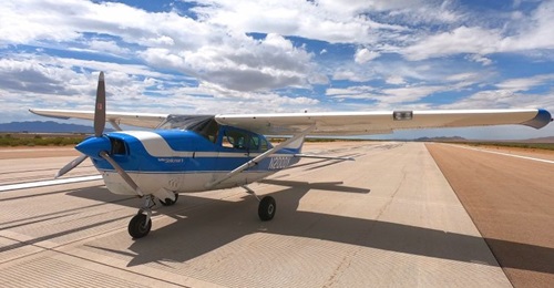 A 1968 Cessna 206 with ROBOpilot installed preparing for engine start on the runway at Dugway Proving Ground, Utah.