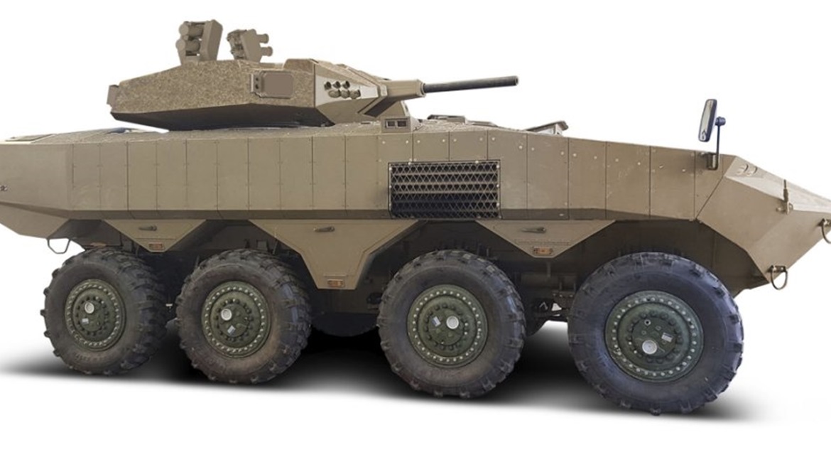 A computer-generated image of the IFLD fitted to an Eitan from Elbit. The MoD released a similar image showing it with dual-face radars and independently traversable electro-optical systems.