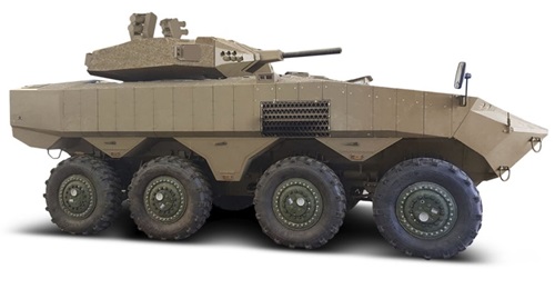 A computer-generated image of the IFLD fitted to an Eitan from Elbit. The MoD released a similar image showing it with dual-face radars and independently traversable electro-optical systems.