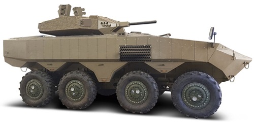 The Iron Fist Light Decoupled active protection system integrated on the turret of an Israel Defence Force Eitan 8×8 APC.