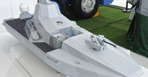 A scale model of the JARI multirole USV seen at the Airshow China 2018 exhibition in Zhuhai. It's proposed surface, sub-surface, and anti-air weapons are clearly shown.