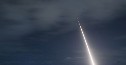 A target resembling an advanced ballistic missile is seen here being launched from the Pacific Missile Range Facility in Hawaii on 26 October 2018 as part of an intercept flight test involving an SM-3 Block IIA missile.