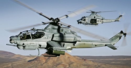The Czech Air Force will buy eight UH-1Y Venom utility (background) and four AH-1Z Viper combat helicopters (foreground) under a CZK14.5 billion contract to be concluded by the end of the year.