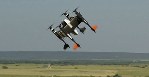 The Bell Autonomous Pod Transport (APT) 70 scalable modular unmanned vertical take-off and landing (VTOL) aircraft (left) from a flight in August 2019.