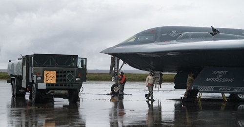 A US Air Force B-2 'hot-pit' refuelling after landing in Iceland for the first time on 28 August.