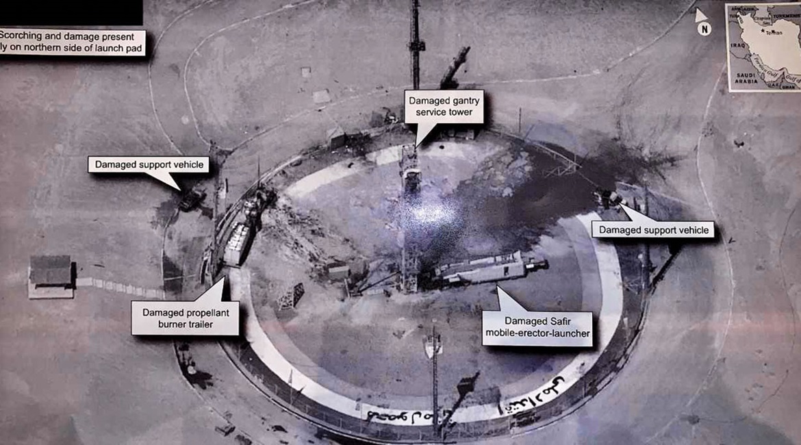 A satellite image tweeted by Trump on 30 August shows the aftermath of an explosion on the Safir launch pad at Iran's Imam Khomeini Space Centre.