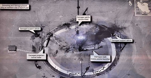 A satellite image tweeted by Trump on 30 August shows the aftermath of an explosion on the Safir launch pad at Iran's Imam Khomeini Space Centre.