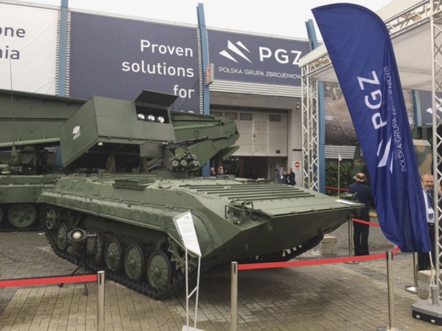 A BWP-1 amphibious tracked infantry fighting vehicle in tank destroyer configuration, equipped with a cassette of 12 Brimstone precision strike missiles at MSPO 2019 in Poland. (MBDA)
