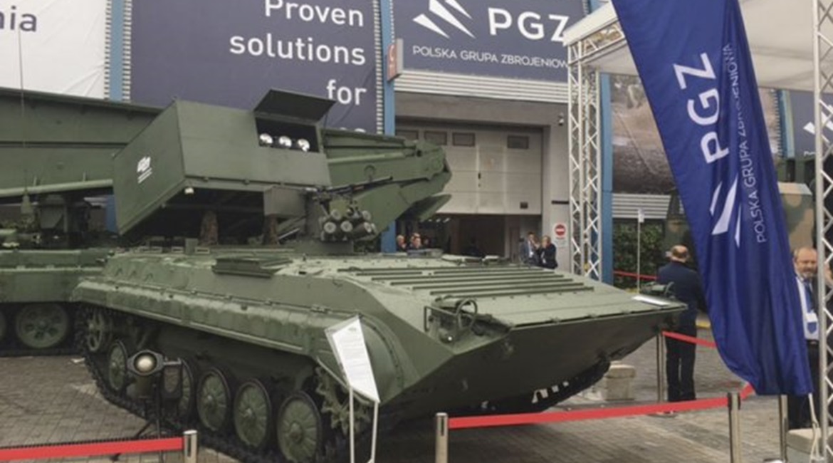A BWP-1 amphibious tracked infantry fighting vehicle in tank destroyer configuration, equipped with a cassette of 12 Brimstone precision strike missiles at MSPO 2019 in Poland.