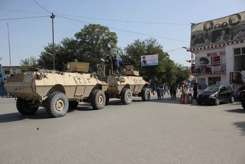 Two of the Mobile Strike Force Vehicles used by Afghan forces to repel a Taliban attack on Kunduz City on 31 August. (Bashkir Khan Safi/AFP/Getty Images)