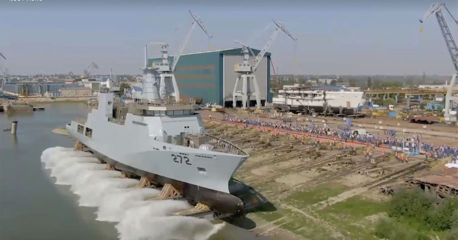 The second of two 2,300-ton corvettes on order for the PN was launched on 3 September by Dutch shipbuilder Damen at the company’s facilities in Galati, Romania. (Via Pakistan Navy )