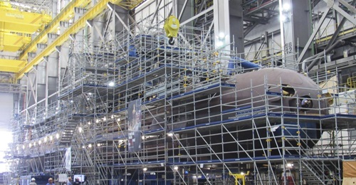 The S-BRs are completed at the assembly hall. A ship-lifting system launches them into the water.