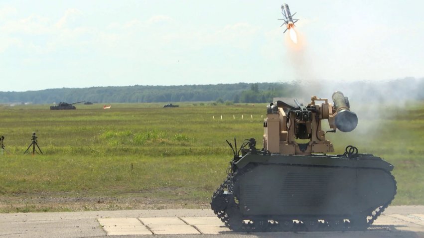 A Javelin anti-tank guided missile being fired from the Titan UGV for the first time. (Kongsberg)