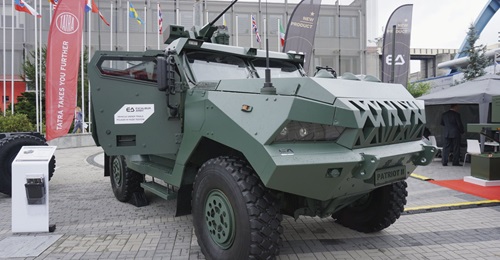 A Patriot II protected mobility vehicle on display at MSPO 2019. This variant is provided with a ROWS armed with a 20 mm automatic cannon, and has space for six dismounts.