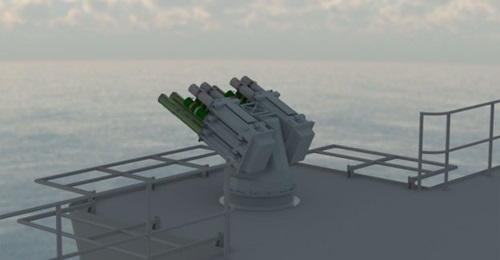 The new trainable decoy launcher system is capable of a wide range of movement and can rapidly deliver complex patterns of mixed decoys around platforms.