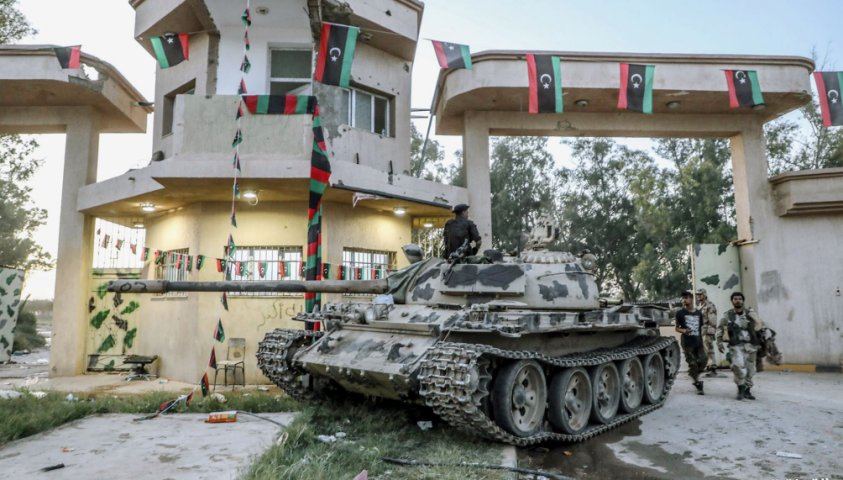 A T-55 operated by the LNA is seen in Al-Aziziyah south of Tripoli in April. The tank may have been repaired by Russian technicians. (LNA War Information Division/AFP/Getty Images)