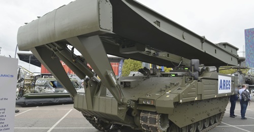 The bridging variant of the Ares APC at DSEI 2019. GDLS-UK has suggested that there might be a need for an organic bridging capability within the UK's Strike Brigades.