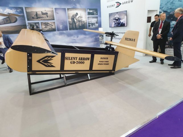 Yates Electrospace Corporation unveiled its Silent Arrow cargo delivery UAV at DSEI 2019. (IHS Markit/Nicholas Fiorenza)