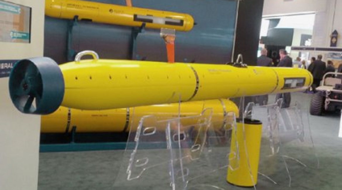 The General Dynamics Mission Systems Bluefin-12 lightweight medium-class UUV on display at DSEI in London.