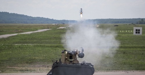 An FGM-148 Javelin ATGM is launched from a Kongsberg Protector M153 Common Remotely Operated Weapon Station (CROWS) mounted on a Titan UGV during firing demonstrations at the US Army Redstone Test Centre in Alabama on 12 June.