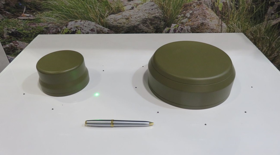 Raytheon UK's Landshield (left) and Landshield Plus (right) GPS defensive antennas displayed at DSEI 2019.